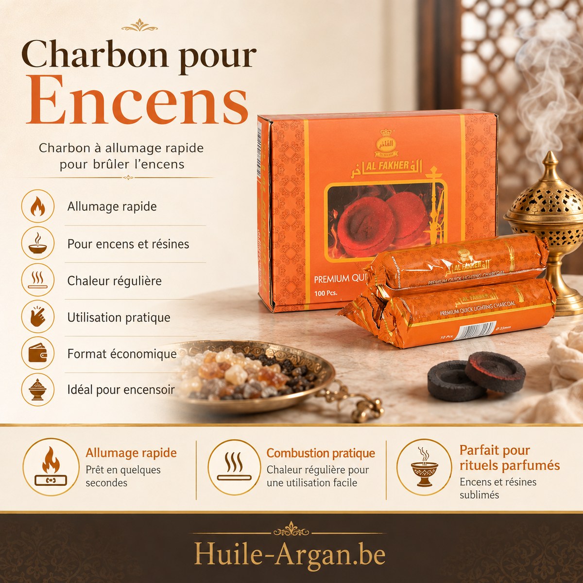 Charbon Auto-Allumant pour Encens – 10 Ronds à Combustion Lente