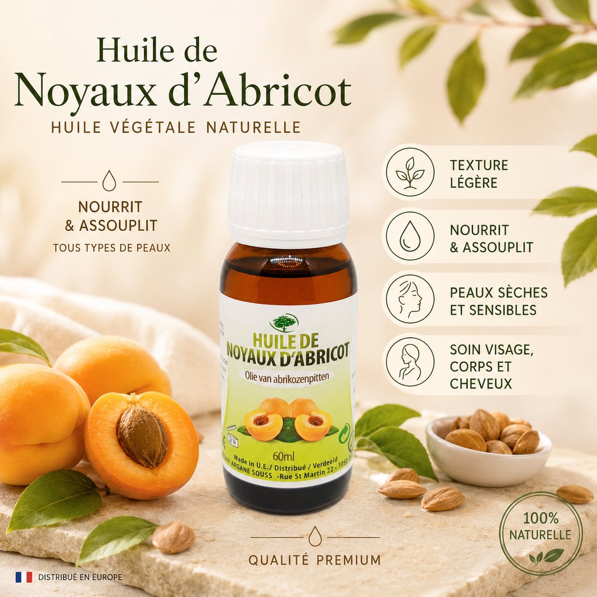 Huile Végétale de Noyaux d’Abricot Vierge Biologique 60 ml