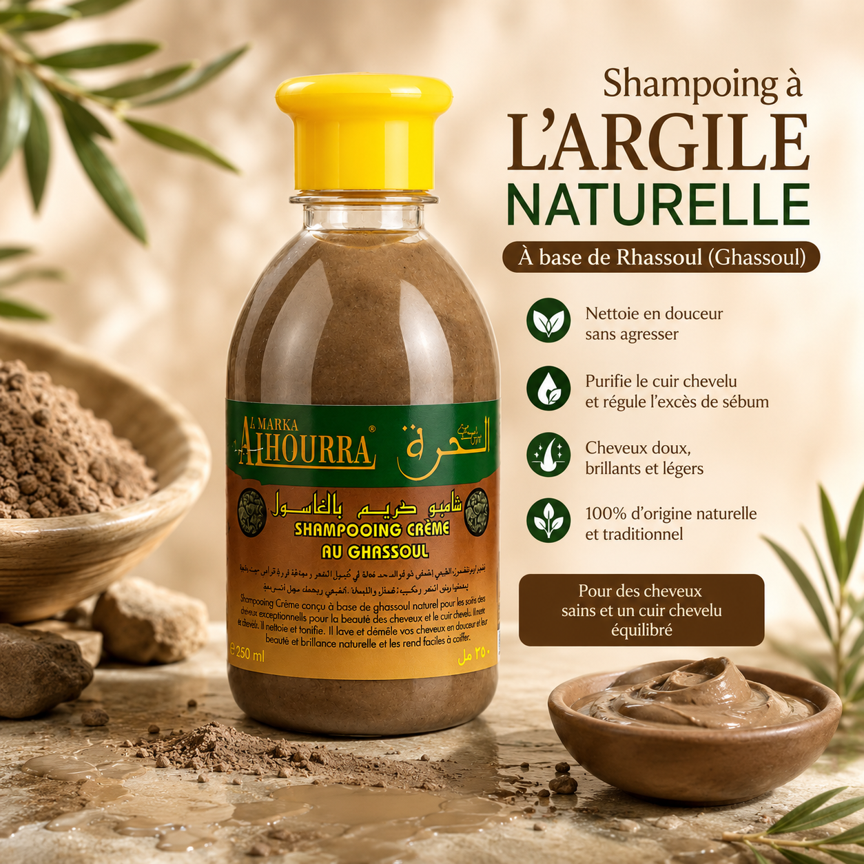 Shampoing Ghassoul bio marocain purifiant et volumateur flacon 250 ml